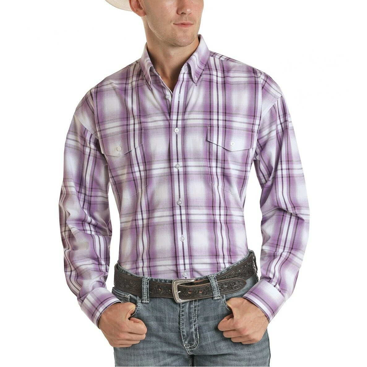 Panhandle Select Mens Lilac Poplin Plaid Button Down Shirt 36D5021 3 Panhandle Select Mens Lilac Poplin Plaid Button Down Shirt 36D5021