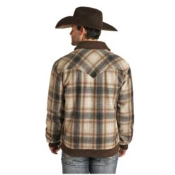 Powder River Outfitters Men's Brown & Beige Plaid Wool Coat 92-1008-23 -Ariat 92 1008 A