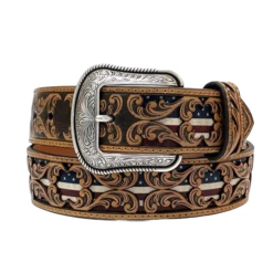 3D Men's Floral Tooled American Flag Inlay Leather Belt D100012408