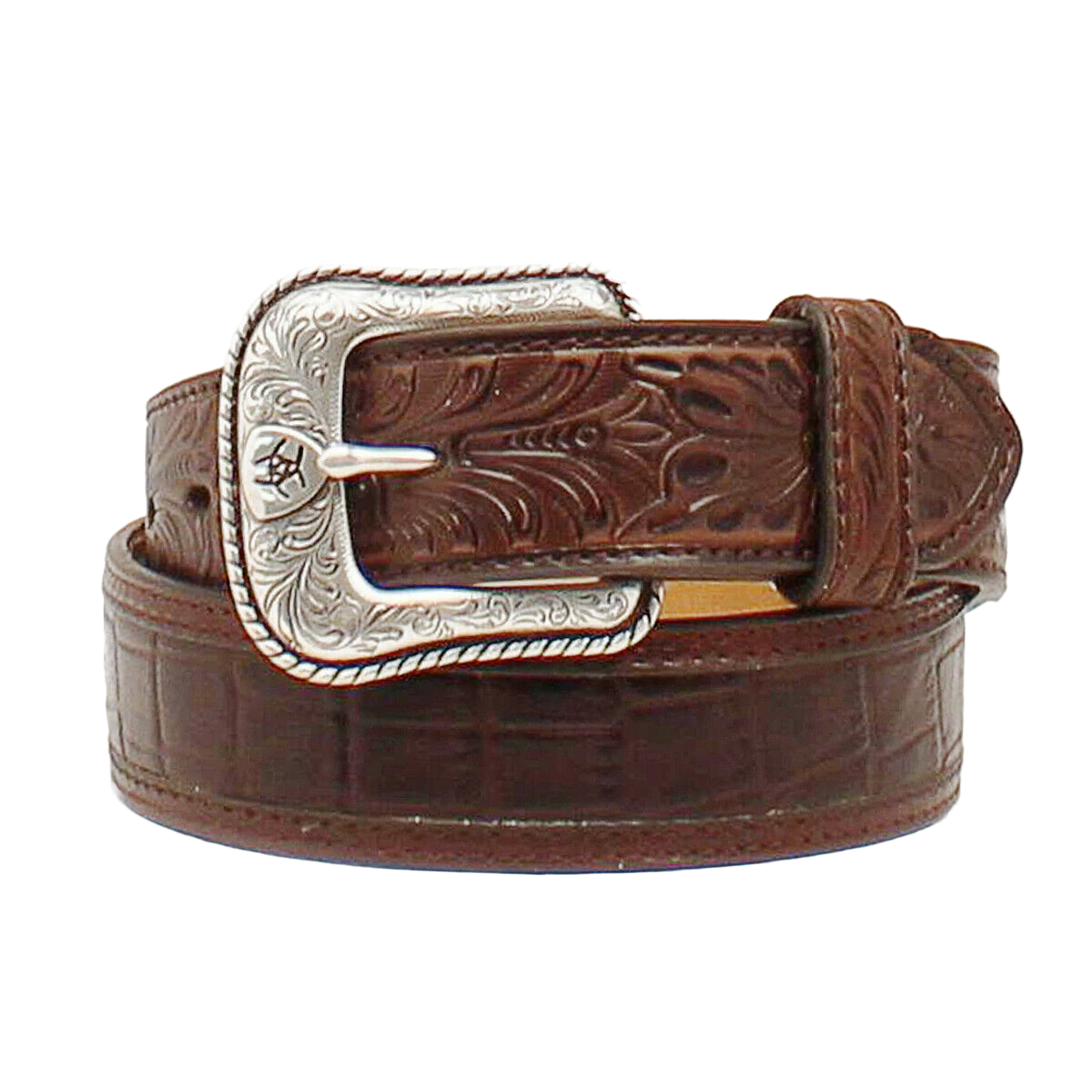 Ariat Men's Brown Crocodile Print Floral Embossed Tab Belt A1021202 3 Ariat Men's Brown Crocodile Print Floral Embossed Tab Belt A1021202
