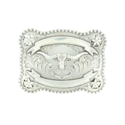 Nocona Silver Rectangular Longhorn Belt Buckle 37580