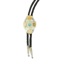 Double S Silver & Gold Cross W/ Turquoise Stone Concho Bolo Tie 22113
