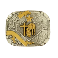 Nocona Mens Silver & Gold Praying Cowboy Ribbon Belt Buckle 37402