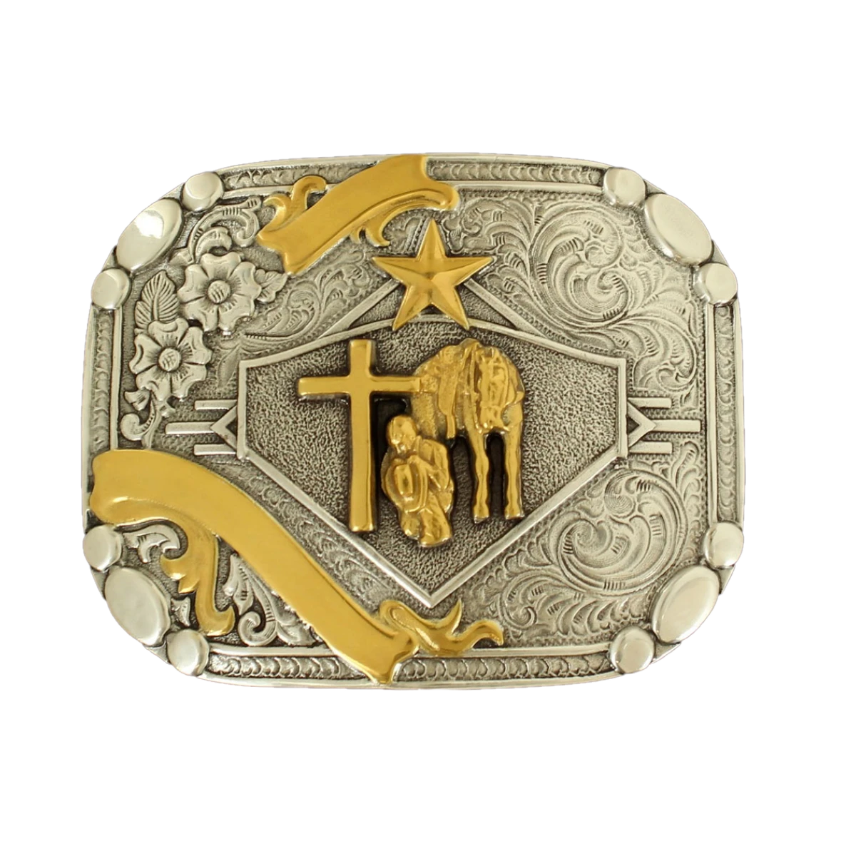 Nocona Mens Silver & Gold Praying Cowboy Ribbon Belt Buckle 37402 3 Nocona Mens Silver & Gold Praying Cowboy Ribbon Belt Buckle 37402