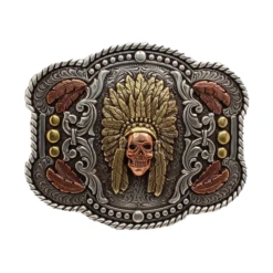 Nocona Men's Tri-Color Rope Edge Feather Chief Skull Buckle 37600
