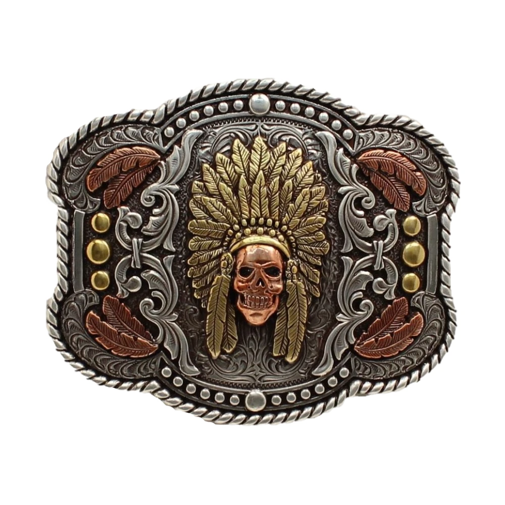 Nocona Men's Tri-Color Rope Edge Feather Chief Skull Buckle 37600 3 Nocona Men's Tri-Color Rope Edge Feather Chief Skull Buckle 37600