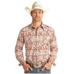 Rock & Roll Cowboy Men's Horizontal Distressed Aztec Snap Shirt R0S3281