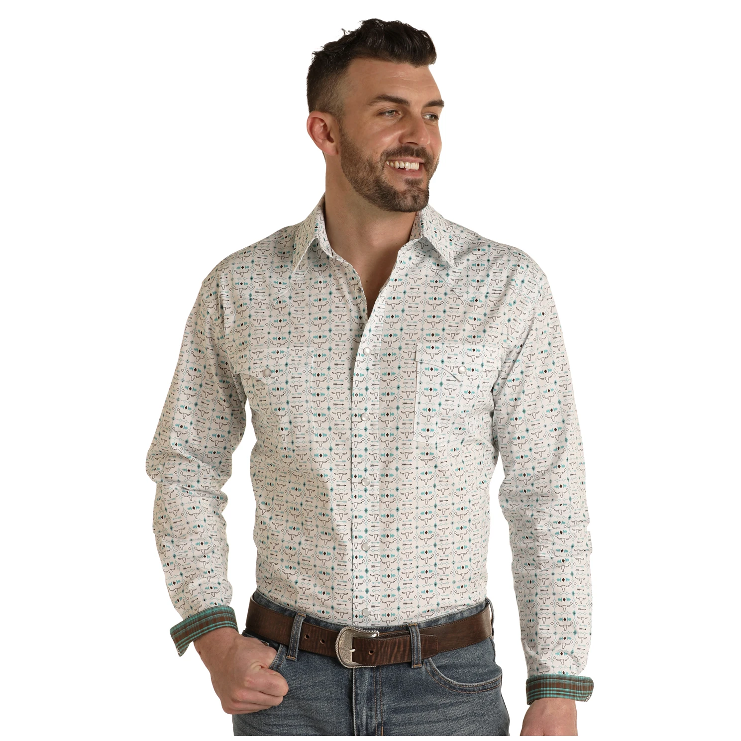 Panhandle® Men's Bull Skull Print White Snap Shirt RSMSOSRYT6-15 3 Panhandle® Men's Bull Skull Print White Snap Shirt RSMSOSRYT6-15