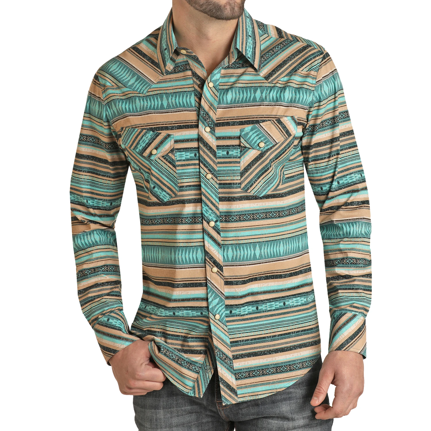 Rock & Roll Denim® Men's Aztec Stripe Woven Teal Snap Button Down Shirt RRMSOSR0PZ 3 Rock & Roll Denim® Men's Aztec Stripe Woven Teal Snap Button Down Shirt RRMSOSR0PZ