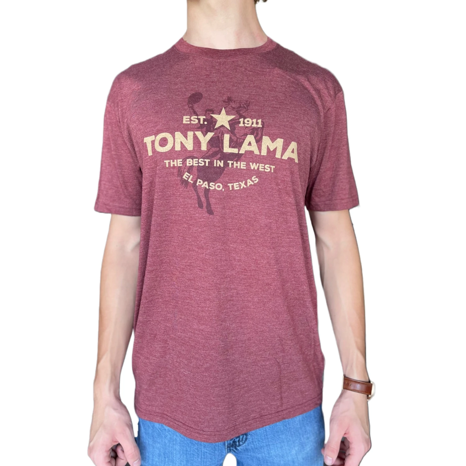 Tony Lama Men's Maroon Heather Cowboy Horse Short Sleeve T-Shirt TL-G3190 3 Tony Lama Men's Maroon Heather Cowboy Horse Short Sleeve T-Shirt TL-G3190